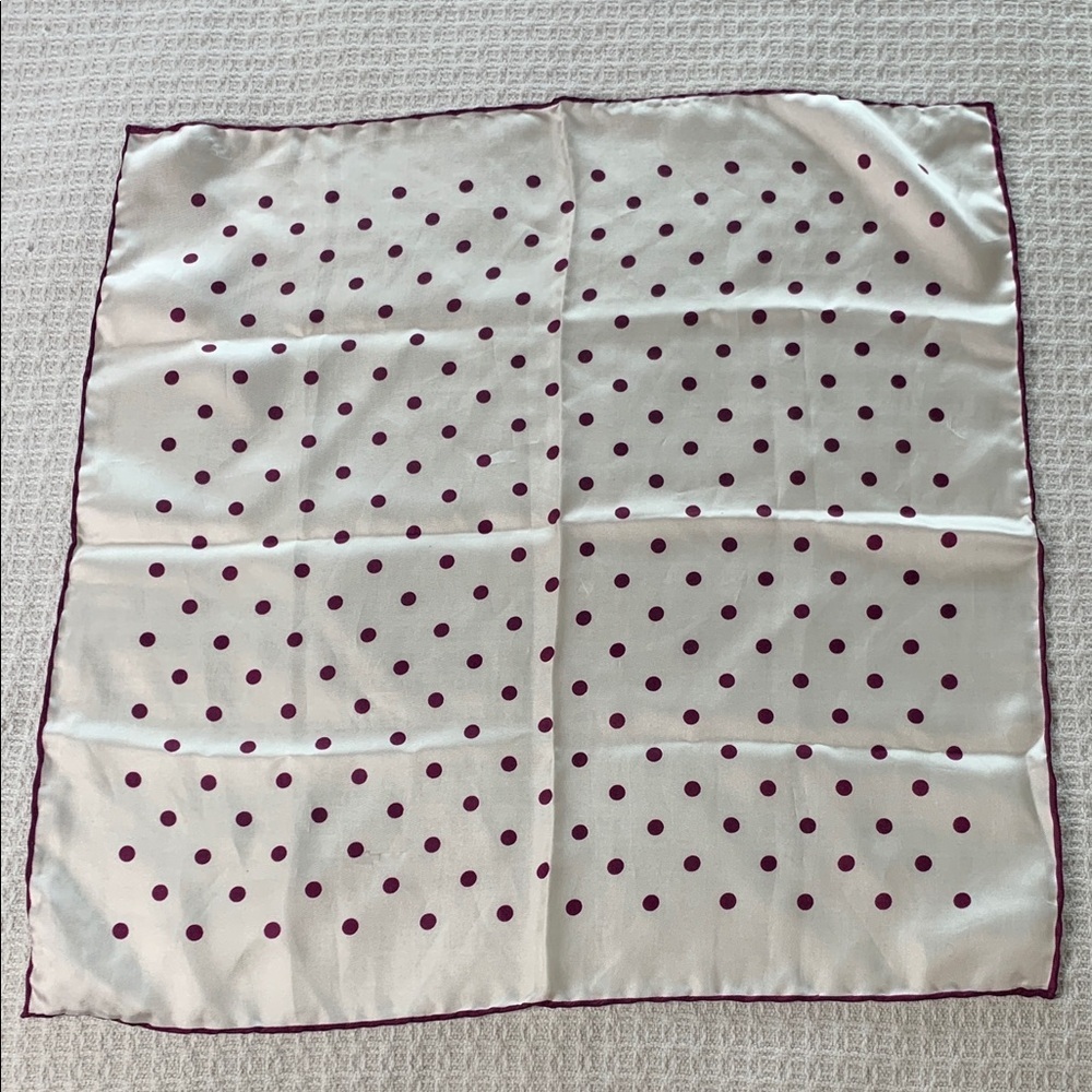 Silk pocket square or purse scarf white with purple polka dots and purple edge